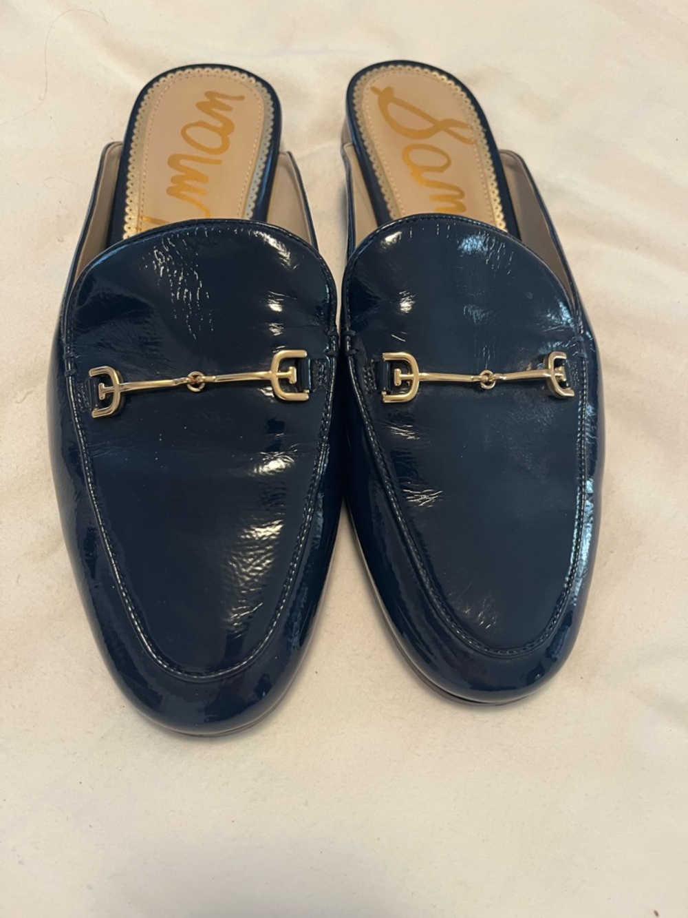 Sam Edelman Navy Patent Slip-On Mules with Gold Bit Detail sz 8W great condition